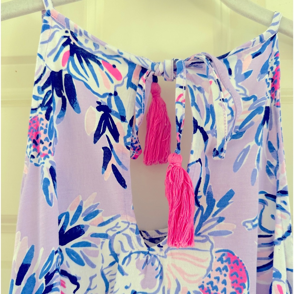 Lilly Pulitzer halter back tie, swing dress. Purple/blue elephant design. Soft.